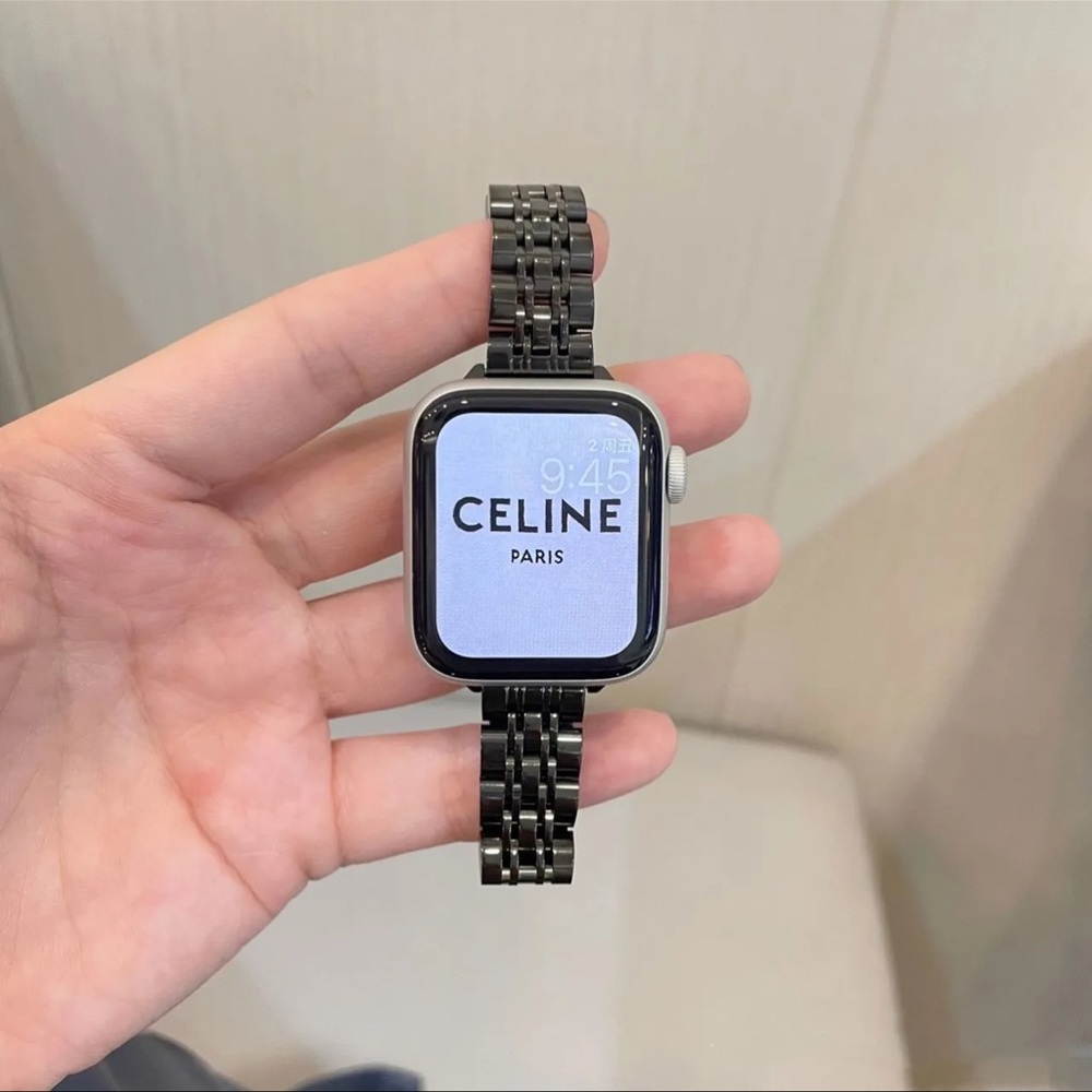 Apple Watch Band Adjustable Slim Stylish Strap Silver Stainless Chain - Black